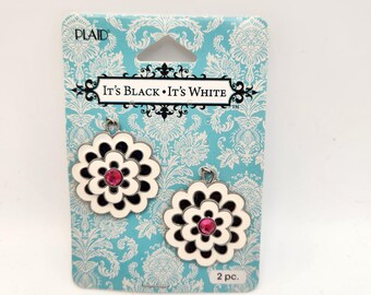 Plaid Mod Flower Charm Set: Black/White Enamel, Pink Crystal Accents (2 pc.)