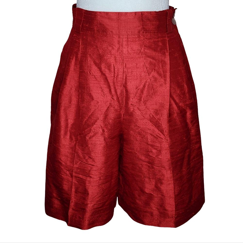 Mondi Vintage 90s Dupioni Silk Shorts Red High Waist Pleats Women's Size 40/10