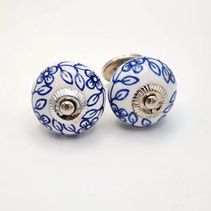 Hand Painted Blue Flower Porcelain/Ceramic Knobs Set of 2 Silver Accents