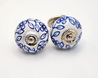 Hand Painted Blue Flower Porcelain/Ceramic Knobs Set of 2 Silver Accents