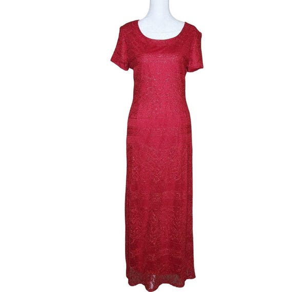 jessica howard glitter dress Vintage 90s Red Metallic Lace Maxi Size 10 Elegant Maximalism