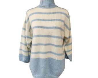 Diane Von Furstenberg Vintage Sweater Mock Neck 3/4 Sleeve 80&#39;s Blue White Large