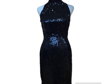 A. J. Bari Vintage Sheath Dress Black Sequin Halter Open Back Women&#39;s Size 4