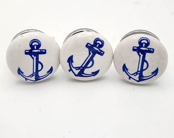 Nautical Anchor Drawer Knobs Blue/White Porcelain, Silver Accents - Set of 3