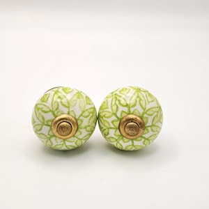 Hand Painted Green Porcelain Knobs: Gold Accent Drawer Pulls, Set of 2 READ
