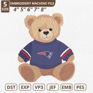 May include: An embroidery machine file featuring a teddy bear wearing a navy blue sweater with a team logo. The file includes sizes from 10 cm to 20 cm and is compatible with DST, EXP, VP3, JEF, EMB, and PES formats.