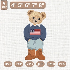 Patriotic American Teddy Bear Machine Embroidery File, USA Flag 4th Of July (Instant Download)