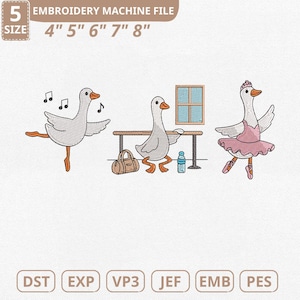 May include: An embroidery machine file featuring three cartoon geese. One goose is dancing with musical notes, another is at a ballet barre, and the third is in a tutu. The file sizes are 4", 5", 6", 7", and 8".