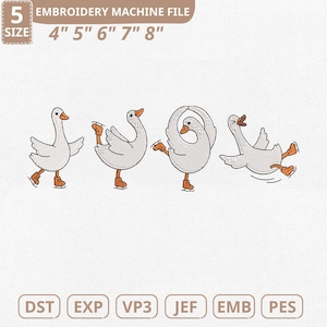 Puede incluir: Un archivo de máquina de bordar con cuatro gansos de dibujos animados patinando sobre hielo. Los gansos son blancos con picos y patas naranjas, con patines marrones. El archivo incluye tamaños de 10,16 cm a 20,32 cm y tipos de archivo DST, EXP, VP3, JEF, EMB y PES.