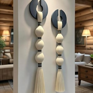 Moderne vezelkunst muur hangen - minimalistische grote kwast muurdecoratie - set van 2 getextureerde sculpturale kunst - Japanse stijl neutrale muur hangen