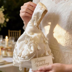 Bolso de mano nupcial con cuentas hecho a mano / Bolso de novia de satén blanco / Regalos para la fiesta nupcial / Accesorio nupcial romántico