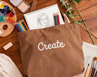 Customized Name Embroidered Corduroy Tote Bag | Gift for Her