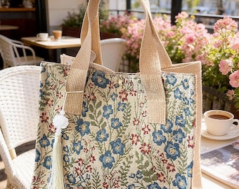 Embroidered Floral Tote Bag | Linen Canvas Shopper with Tassel
