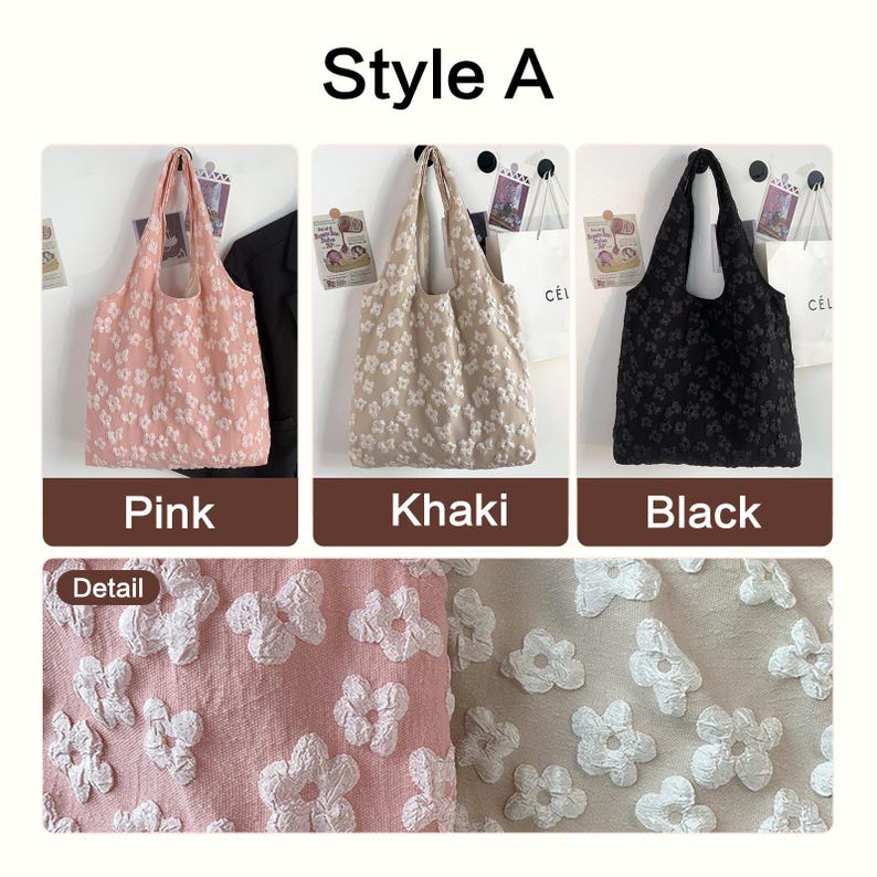Pu&ograve; includere: Tre borse tote in rosa, kaki e nero, ciascuna con un motivo floreale. Le borse sono esposte con i manici sollevati, evidenziando la trama del tessuto. L'immagine include anche dettagli ravvicinati del tessuto floreale.