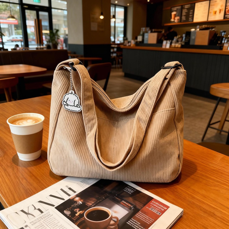 Puede incluir: Bolso de hombro de pana beige con correa a juego, un peque&ntilde;o bolsillo delantero y un charm decorativo. El bolso est&aacute; sobre una mesa de madera junto a una taza de caf&eacute; y una revista.