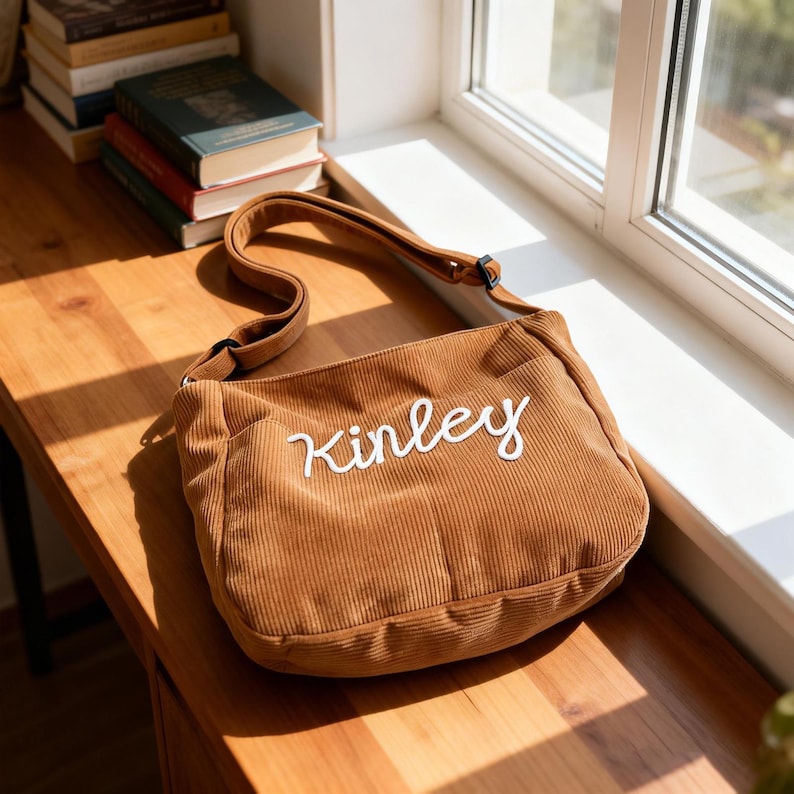 Puede incluir: Bolso de hombro de pana marr&oacute;n con el nombre "Kinley" bordado en escritura blanca. El bolso tiene una correa larga y un bolsillo delantero. El bolso est&aacute; sobre una superficie de madera cerca de una ventana.