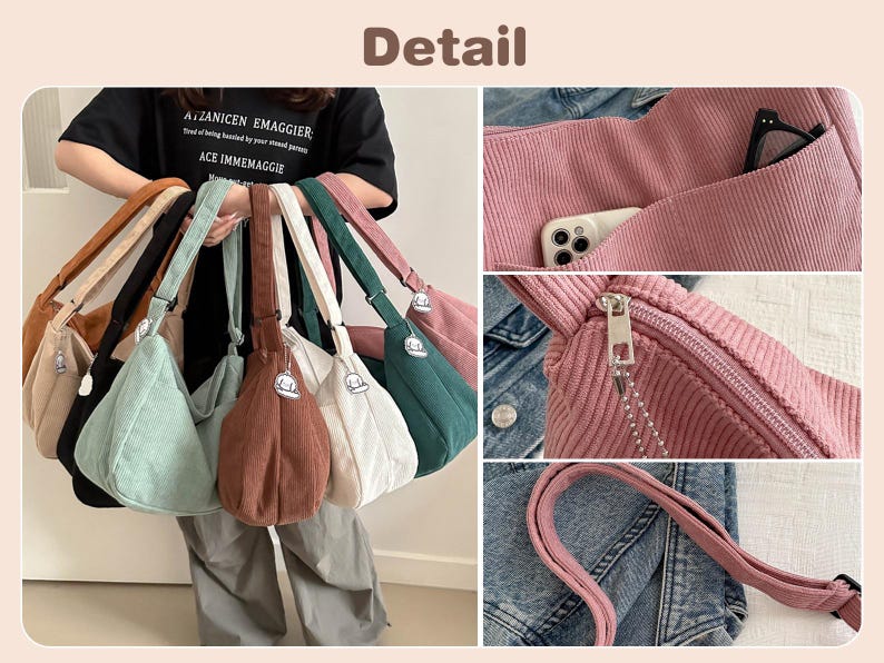 Puede incluir: Una colecci&oacute;n de bolsos de hombro de pana en varios colores, incluyendo beige, negro, verde menta, marr&oacute;n y rosa. Cada bolso tiene una correa larga y un peque&ntilde;o dije. La imagen tambi&eacute;n muestra detalles del interior y la cremallera.