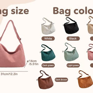 Puede incluir: Un bolso de hombro rosa con una correa larga, que se muestra con dimensiones de 31 cm de ancho, 26,5 cm de alto y 14 cm de profundidad. La imagen tambi&eacute;n muestra bolsos en blanco, negro, caqui, verde oscuro, verde claro, rosa, marr&oacute;n oscuro y marr&oacute;n claro.
