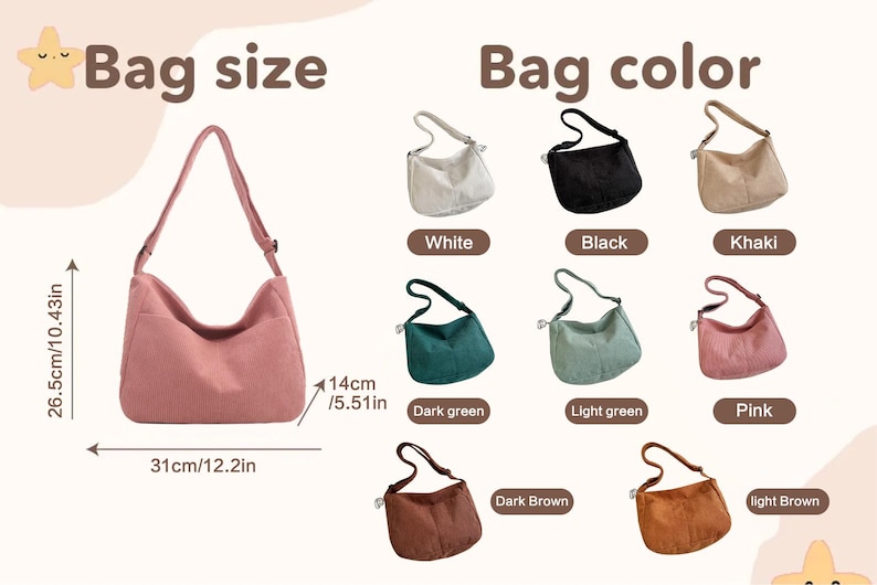 Puede incluir: Un bolso de hombro rosa con una correa larga, que se muestra con dimensiones de 31 cm de ancho, 26,5 cm de alto y 14 cm de profundidad. La imagen tambi&eacute;n muestra bolsos en blanco, negro, caqui, verde oscuro, verde claro, rosa, marr&oacute;n oscuro y marr&oacute;n claro.