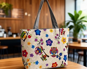 Floral Owl Print Canvas Tote Bag | Large Capacity Shopping Bag