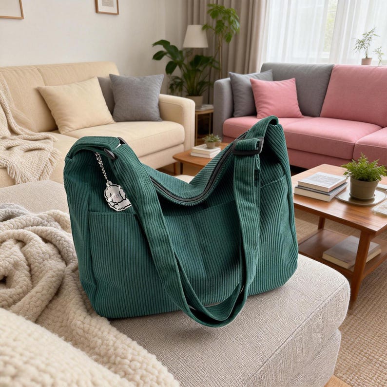 Puede incluir: Un bolso de hombro de pana verde con una correa larga y un dije plateado. El bolso tiene cierre de cremallera y un bolsillo frontal. El bolso est&aacute; sobre un sof&aacute; claro.