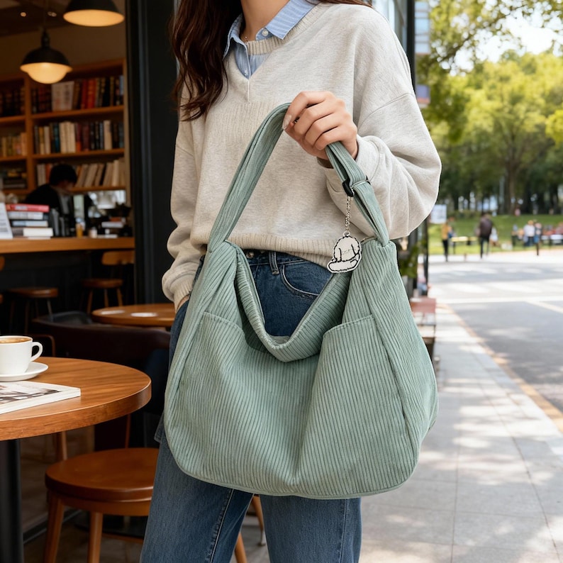 Puede incluir: Un bolso de hombro grande de pana verde salvia con forma rectangular y dos bolsillos delanteros. El bolso tiene una correa larga y un peque&ntilde;o dije de perro. La persona lleva un su&eacute;ter gris claro y vaqueros azules.