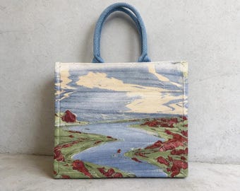 Borsa a mano in tela con stampa paesaggistica, borsa tote personalizzata con paesaggio, regalo unico per lei per l'uso quotidiano