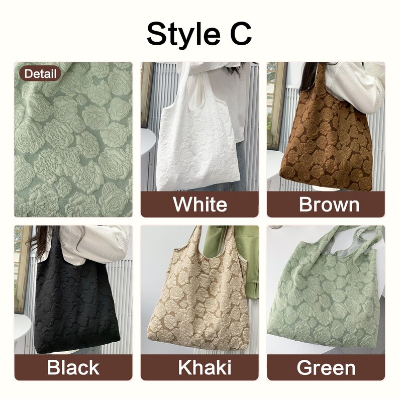 Pu&ograve; includere: Una collezione di borse tote in vari colori, tra cui bianco, marrone, nero, kaki e verde. Ogni borsa presenta un motivo floreale in rilievo. Il testo "Style C" &egrave; visualizzato nella parte superiore dell'immagine.
