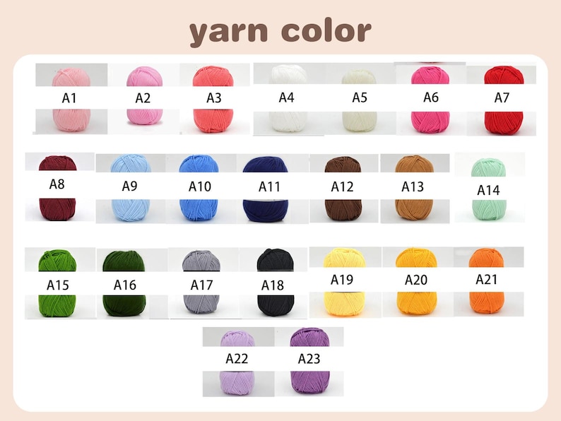 Puede incluir: Una carta de colores de ovillos de lana en varios tonos, incluyendo rosa, rojo, azul, marr&oacute;n, verde, amarillo y naranja. Cada ovillo de lana est&aacute; etiquetado con una combinaci&oacute;n de n&uacute;mero y letra correspondiente, como A1, A2 y A3. El texto "yarn color" est&aacute; en la parte superior.