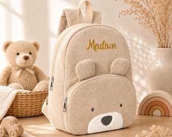 Personalized Corduroy Bear Backpack, Custom Embroidered Toddler Bag, Kids Preschool Bookbag, Cute Animal School Bag, Students Shower Gift