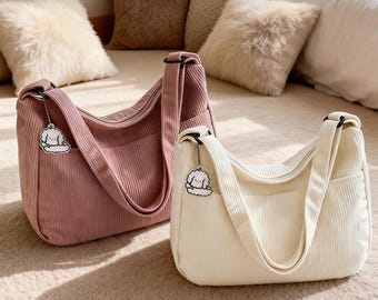 Personalisierbare Schultertasche/Handtasche aus Cord mit Name Design | Crossbody Bag mit großer Kapazität