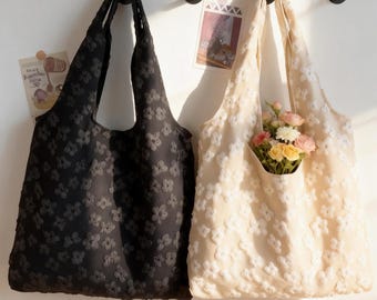 Embroidered Floral Tote Bag | Canvas Shoulder Bag with Zipper