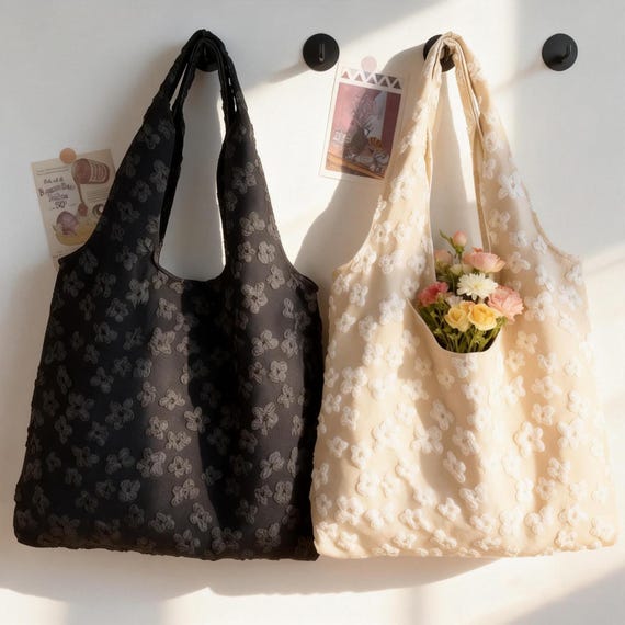 Embroidered Floral Tote Bag | Canvas Shoulder Bag with Zipper