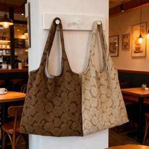 Pu&ograve; includere: Due borse tote con motivi floreali sono appese a un muro bianco. Una borsa &egrave; marrone, l'altra beige. Entrambe le borse hanno lunghe cinghie e sono realizzate in un tessuto strutturato con un motivo a rose.