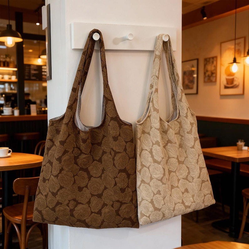 Pu&ograve; includere: Due borse tote con motivi floreali sono appese a un muro bianco. Una borsa &egrave; marrone, l'altra beige. Entrambe le borse hanno lunghe cinghie e sono realizzate in un tessuto strutturato con un motivo a rose.
