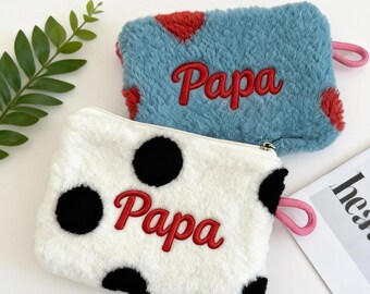 Personalized name cosmetic bag | Adorned with heart patterns, vintage pink, fluffy, zippered