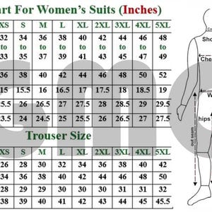 May include: Size chart for women's suits in inches, including bust, shoulder, length, and sleeve measurements. Also includes trouser size measurements for waist, hips, inseam, and length. A diagram illustrates suit measurements.
