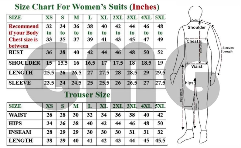 May include: Size chart for women's suits in inches, including bust, shoulder, length, and sleeve measurements. Also includes trouser size measurements for waist, hips, inseam, and length. A diagram illustrates suit measurements.