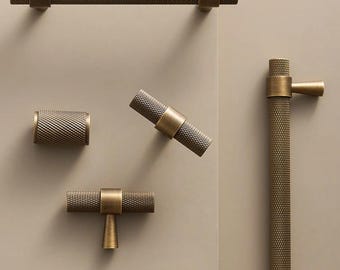 Poignées et boutons moletés en laiton massif | Poignées de placard de cuisine, finitions laiton satiné poli vieilli / Quincaillerie pour armoires