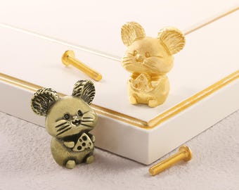 Poignée de tiroir Souris Fromage en Bronze / Décoration intérieure / Poignées de tiroir en forme d'animal / Meubles en bois massif / Poignées de porte de placard, Design unique