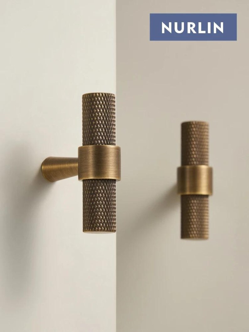 Solid Brass Knurled Pull Handles & Knobs | Kitchen Cabinet Cupboard Handles Modern Polished Aged Satin Brass Finishes /Wardrobe Hardware image 6