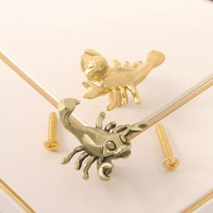 Könnte beinhalten: Zwei messingfarbene Schrankknöpfe in Form eines Skorpions. Die Knöpfe sind mit Krallen, Beinen und einem gebogenen Schwanz versehen. Zwei goldene Schrauben sind ebenfalls sichtbar. Die Knöpfe befinden sich auf einer weißen Oberfläche mit goldenem Rand.