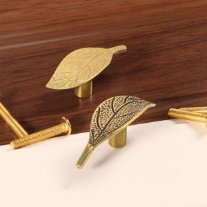 Könnte beinhalten: Nahaufnahme von zwei messingfarbenen, blattförmigen Schrankknöpfen mit detaillierter Maserung. Die Knöpfe sind auf kurzen zylindrischen Sockeln montiert. Mehrere Messingschrauben sind ebenfalls sichtbar.