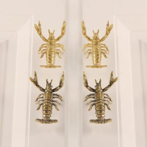 Könnte beinhalten: Vier messingfarbene, hummerförmige Schrankgriffe, montiert auf einer weißen Oberfläche. Die Griffe sind mit Krallen, Beinen und segmentierten Körpern detailliert. Die Hummer sind nach oben und außen gerichtet und bilden ein dekoratives Design.