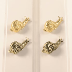 Könnte beinhalten: Vier messingfarbene Schrankknöpfe in Schneckenform. Jeder Knopf hat ein detailliertes Spiralgehäuse und einen strukturierten Körper. Die Knöpfe sind auf einer weißen Oberfläche montiert, was auf eine Verwendung als dekorative Möbelbeschläge hindeutet.
