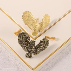 Könnte beinhalten: Zwei dekorative Schrankgriffe in Eulenform. Einer ist goldfarben, der andere bronzefarben. Jede Eule hat ausgebreitete Flügel und ist auf einer weißen Oberfläche mit goldenem Rand montiert. Goldschrauben sind enthalten.