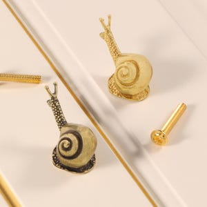 May include: Gold-colored snail-shaped cabinet knobs and screws. The knobs feature detailed snail shell and body designs. The screws are gold and have a slotted head. The knobs are decorative and functional hardware.