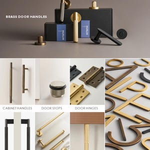 May include: An assortment of brass door hardware, including handles, pulls, hinges, and furniture legs. The image also features door stops, bathroom fixtures, and house numbers in various metallic finishes. The text "BRASS DOOR HANDLES" is visible.