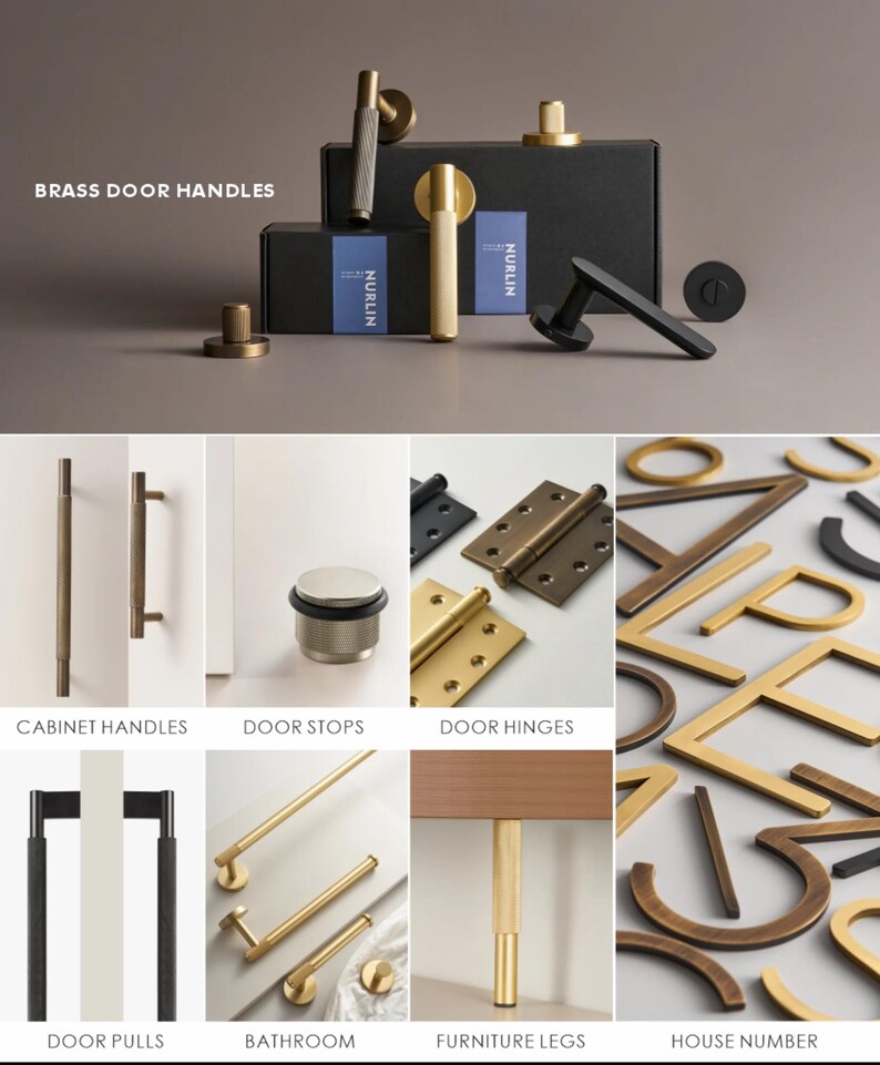 May include: An assortment of brass door hardware, including handles, pulls, hinges, and furniture legs. The image also features door stops, bathroom fixtures, and house numbers in various metallic finishes. The text "BRASS DOOR HANDLES" is visible.