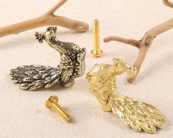 Bouton en laiton Paon, bronze antique, poignée de meuble de cuisine en laiton massif, poignée de tiroir en laiton, poignée de commode, quincaillerie de mobilier unique